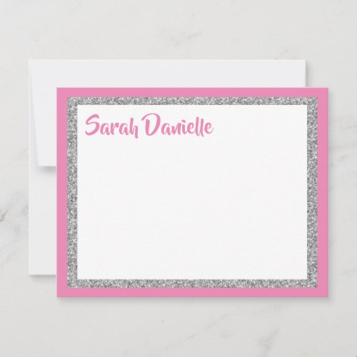 Glittery Dark Pink and Silver Thank You Flat Card