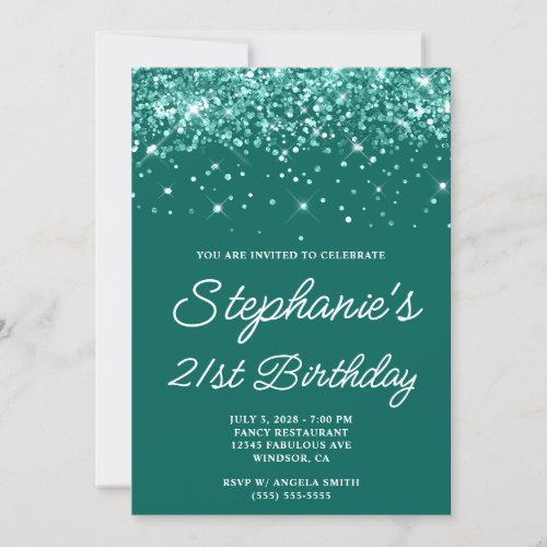 Glittery Dark Teal 21st Birthday Invitation