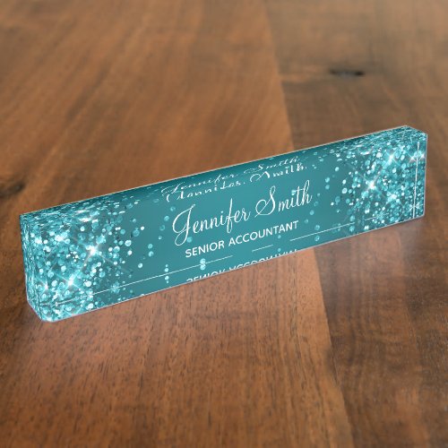 Glittery Dark Turquoise Gradient Desk Name Plate