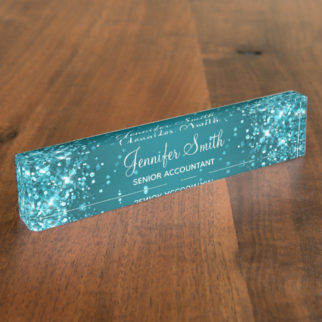 Glittery Dark Turquoise Gradient Desk Name Plate (Side)