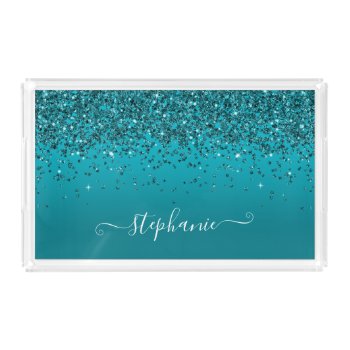 Glittery Dark Turquoise Gradient Girly Calligraphy Acrylic Tray by designs4you at Zazzle