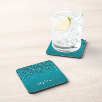 Glittery Dark Turquoise Gradient Girly Calligraphy Beverage Coaster by designs4you at Zazzle