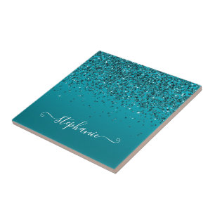 Glittery Dark Turquoise Gradient Girly Calligraphy Ceramic Tile