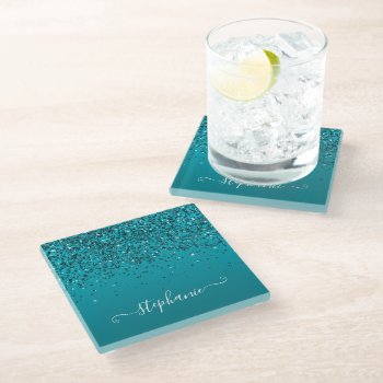 Glittery Dark Turquoise Gradient Girly Calligraphy Glass Coaster by designs4you at Zazzle