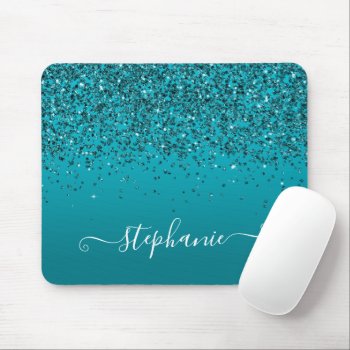 Glittery Dark Turquoise Gradient Girly Calligraphy Mouse Pad by designs4you at Zazzle