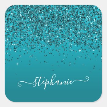 Glittery Dark Turquoise Gradient Girly Calligraphy Square Sticker by designs4you at Zazzle