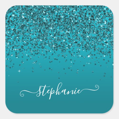 Glittery Dark Turquoise Gradient Girly Calligraphy Square Sticker