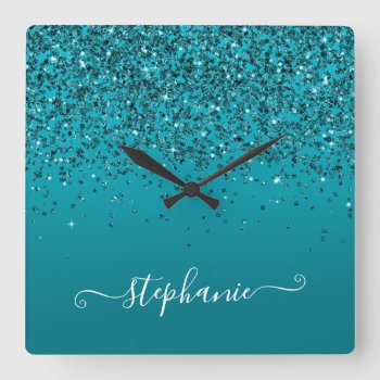 Glittery Dark Turquoise Gradient Girly Calligraphy Square Wall Clock by designs4you at Zazzle