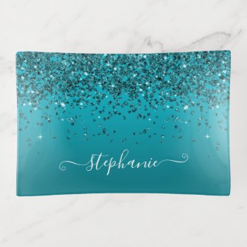 Glittery Dark Turquoise Gradient Girly Calligraphy Trinket Tray by designs4you at Zazzle