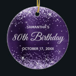 Glittery Dark Violet Purple Foil 80th Birthday Ceramic Ornament<br><div class="desc">Create your own 80th birthday circle ornament for your grandma. Customize the block text and/or calligraphy font style. Change the text for any special or milestone birthday. The digital art background features a faux pale lavender purple glitter and dark violet purple ombre foil. On the backside, you can add a...</div>