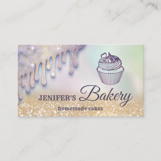 Glittery drips cupcake chef script bakery  business card (Front)