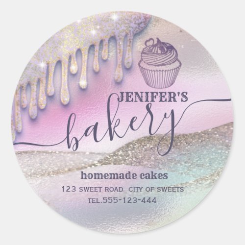 Glittery drips cupcake chef script bakery classic  classic round sticker