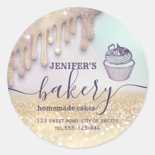 Glittery drips cupcake chef script bakery classic  classic round sticker (Front)