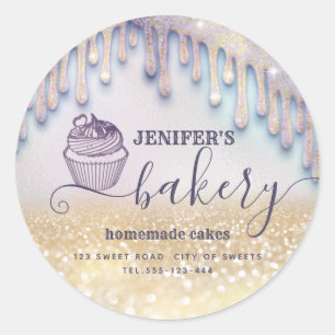Glittery drips cupcake chef script bakery classic round sticker