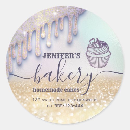 Glittery drips cupcake chef script bakery classic round sticker