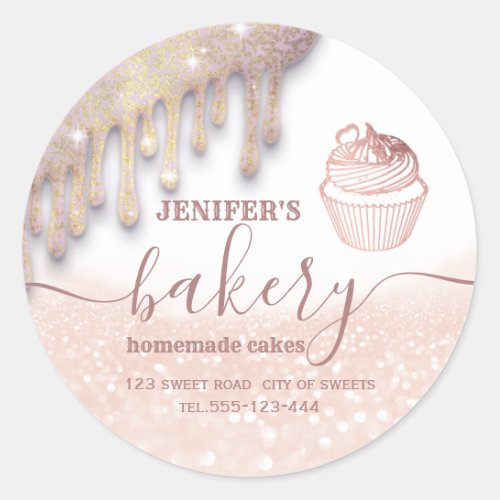Glittery drips cupcake chef script bakery classic round sticker
