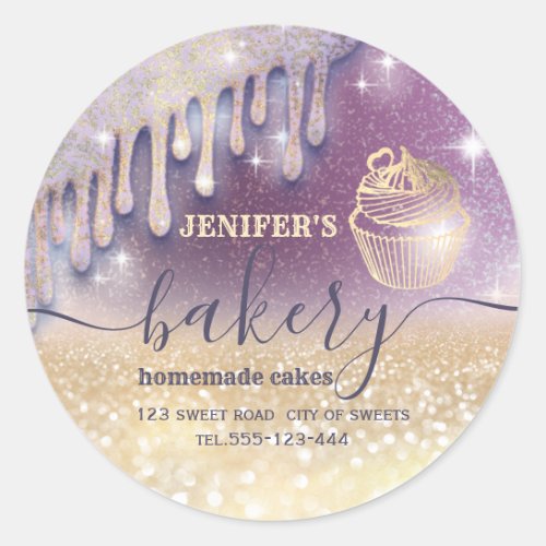 Glittery  drips cupcake chef script bakery classic round sticker