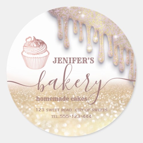 Glittery drips cupcake chef script bakery  classic round sticker