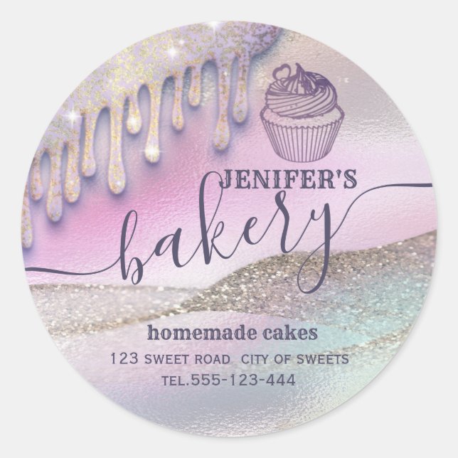 Glittery drips cupcake chef script bakery classic  round sticker (Front)