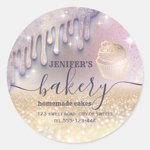 Glittery drips cupcake chef script bakery classic round sticker