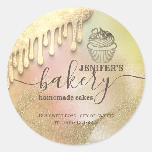 Glittery drips cupcake chef script bakery  classic round sticker