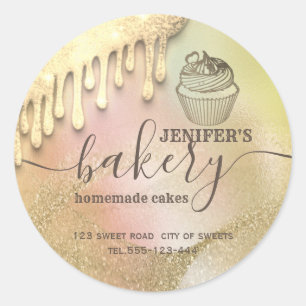 Glittery drips cupcake chef script bakery classic round sticker