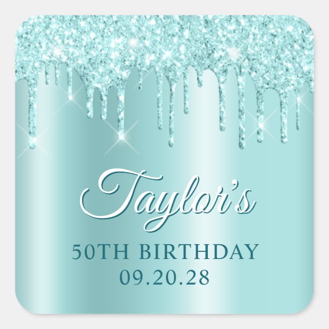 Glittery Drips Light Turquoise Ombre Drop Shadow Square Sticker (Front)