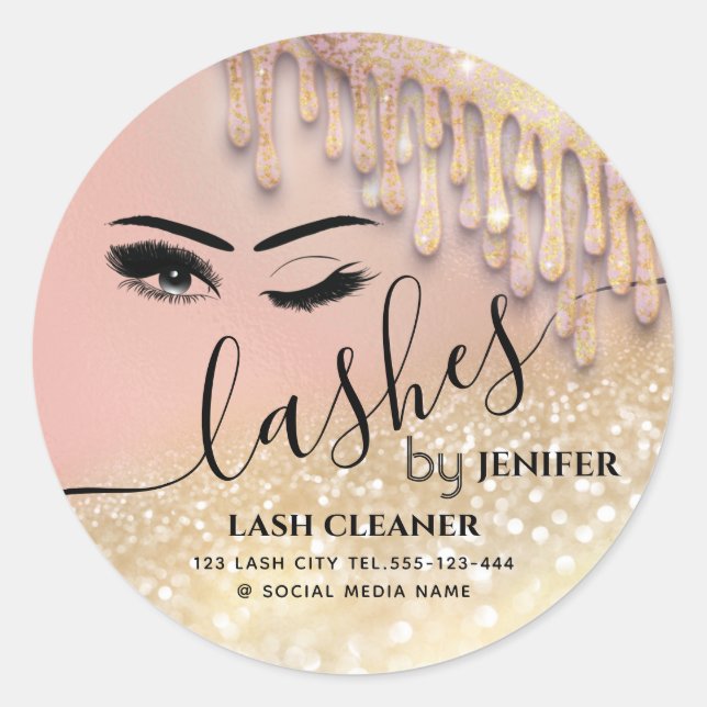 Glittery drips wink lash extension lash cleaner  c classic round sticker (Front)