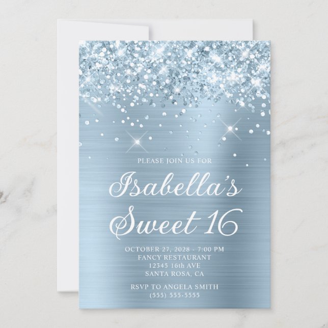 Glittery Dusty Blue Foil Sweet 16 Photo Invitation (Front)