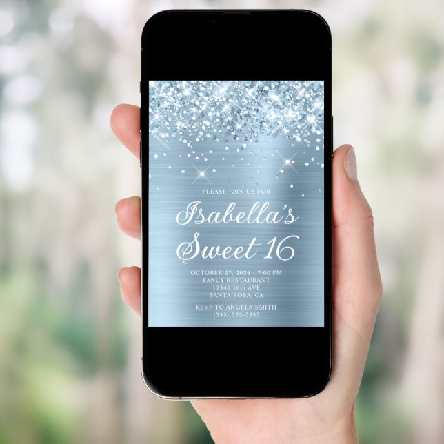 Glittery Dusty Blue Foil Sweet 16 Photo Invitation (Front Digital)