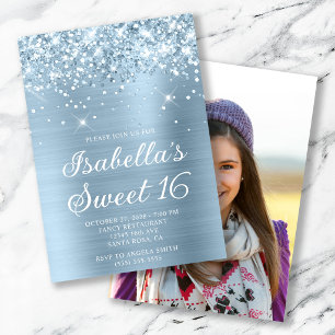 Glittery Dusty Blue Foil Sweet 16 Photo Invitation