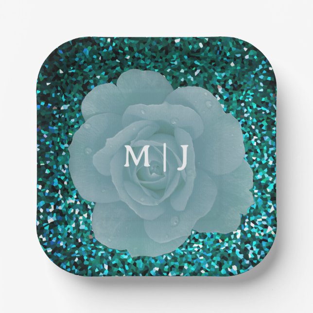 Glittery Dusty Blue Rose Monogram Elegant Wedding Paper Plates (Front)