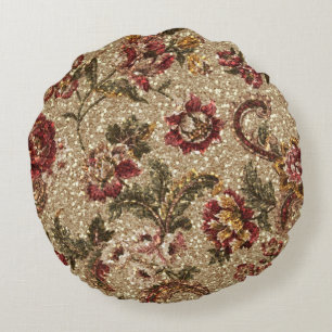 Glittery Earthtone Floral Tapestry Round Pillow