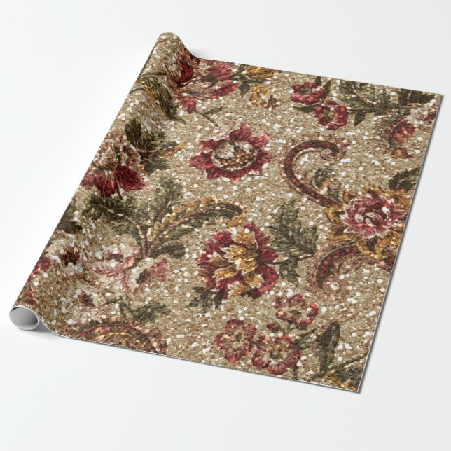 Glittery Earthtone Floral Tapestry Wrapping Paper (Unrolled)