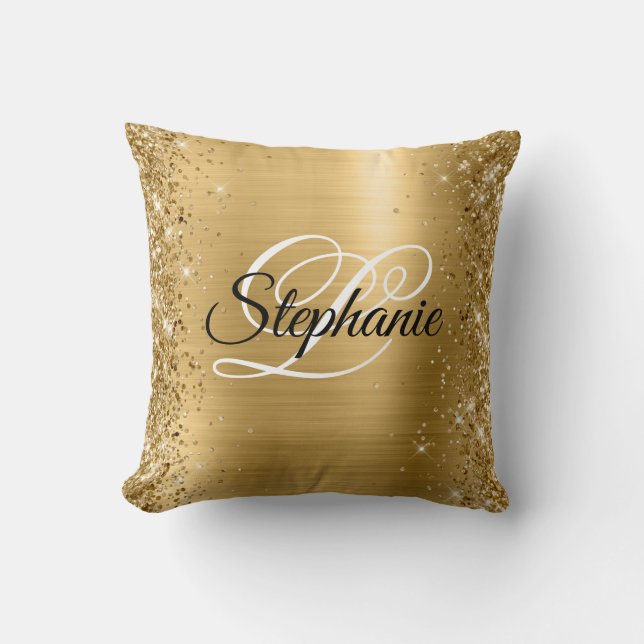 Glittery Edge Gold Foil Fancy Monogram Throw Pillow (Front)