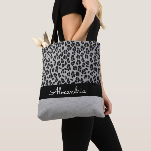 Glittery Elegant Silver Leopard Personalized Tote Bag