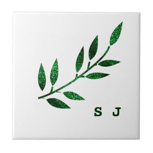 Glittery Emerald Green Leaf Monogram Gift Favor Ceramic Tile