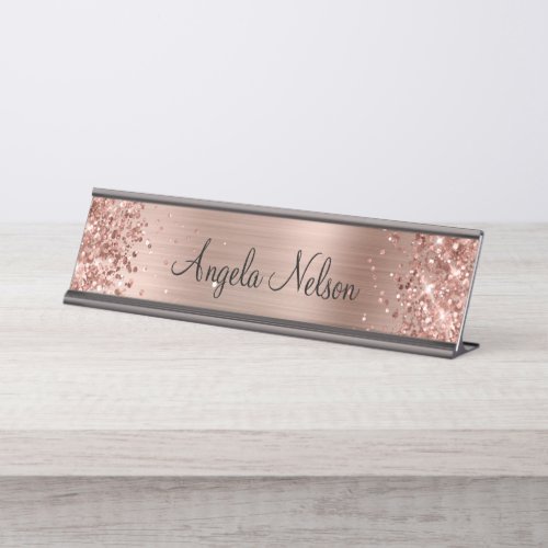 Glittery Faux Rose Gold Foil Name Desk Name Plate