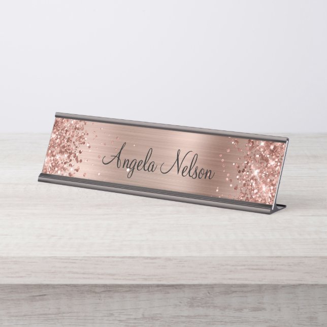 Glittery Faux Rose Gold Foil Name Desk Name Plate (Front)