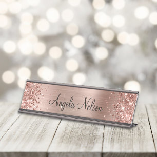 Glittery Faux Rose Gold Foil Name Desk Name Plate