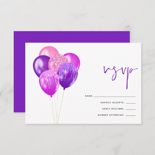 Glittery Fuchsia Mauve Balloon 60th Birthday Party RSVP Card (Front/Back)