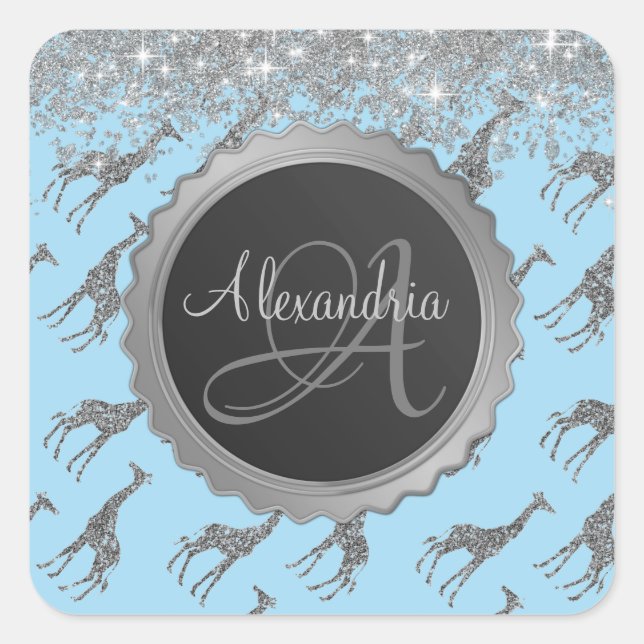 Glittery Giraffe on Blue Monogram Personalized Square Sticker (Front)