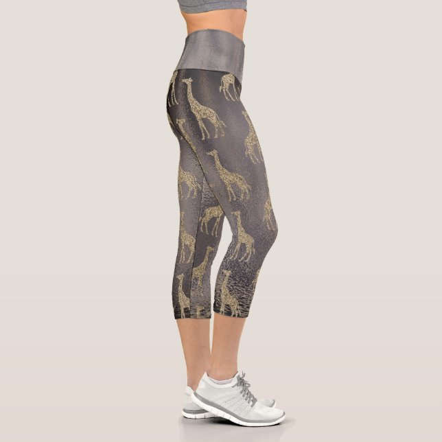 Glittery Giraffe on Glossy Grey  Capri Leggings (Right)