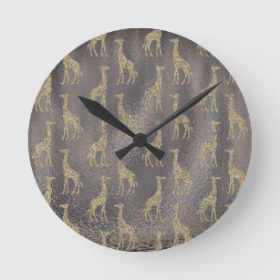 Glittery Giraffe on Glossy Grey     Round Clock