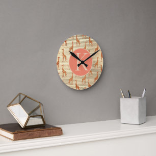 Glittery Giraffe on Gold Foil Monogram Round Clock