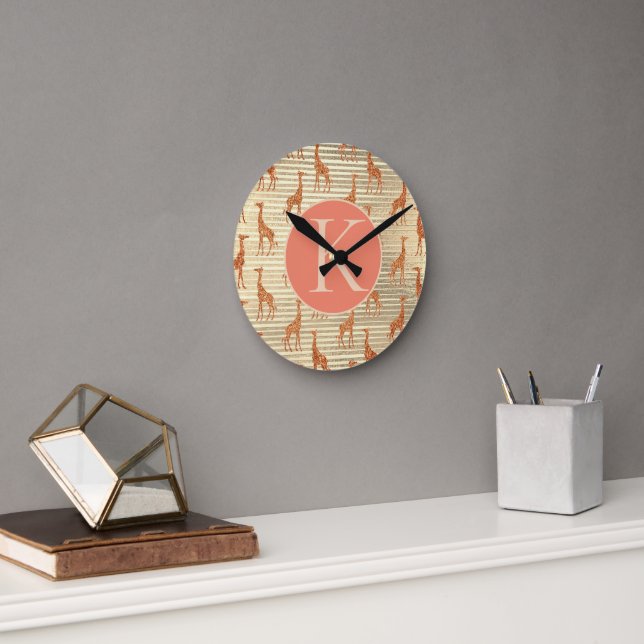 Glittery Giraffe on Gold Foil Monogram  Round Clock (Office)