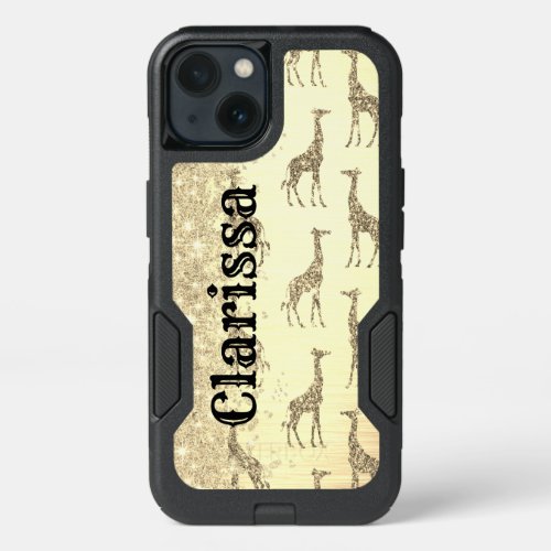 Glittery GIraffe on Metallic Gold Personalized iPhone 13 Case