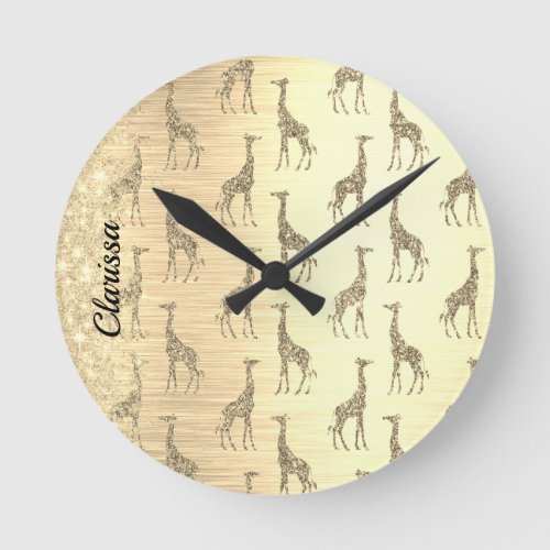 Glittery GIraffe on Metallic Gold Round Clock