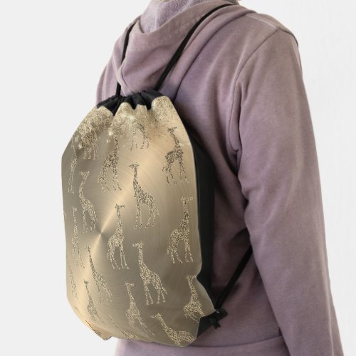 Glittery Giraffes on Glitzy Gold Drawstring Bag