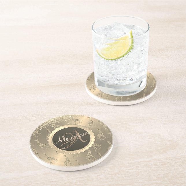 Glittery Giraffes on Glitzy Gold Monogram  Coaster (Side)